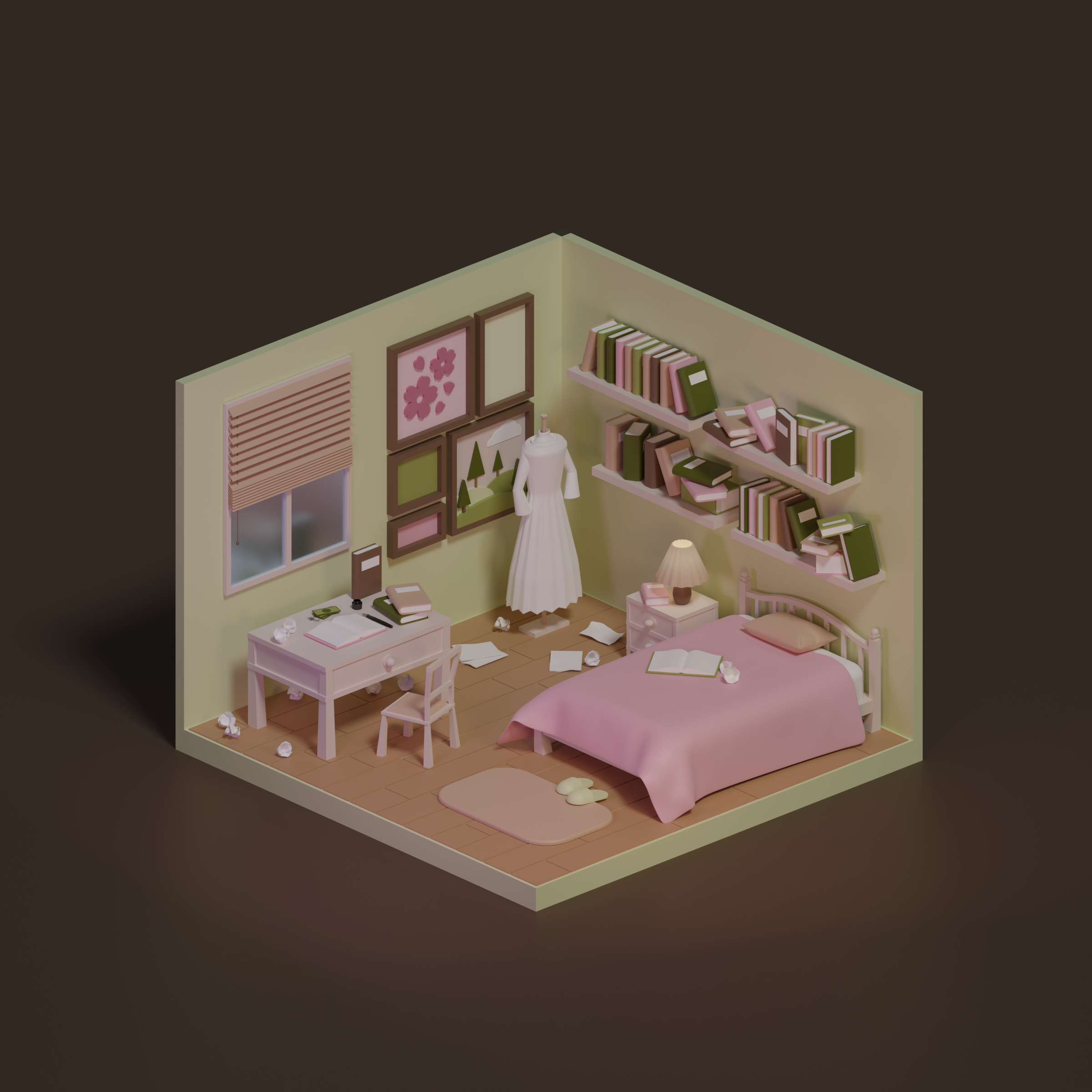 Low poly render of Emily Dickinson's ficticious room.