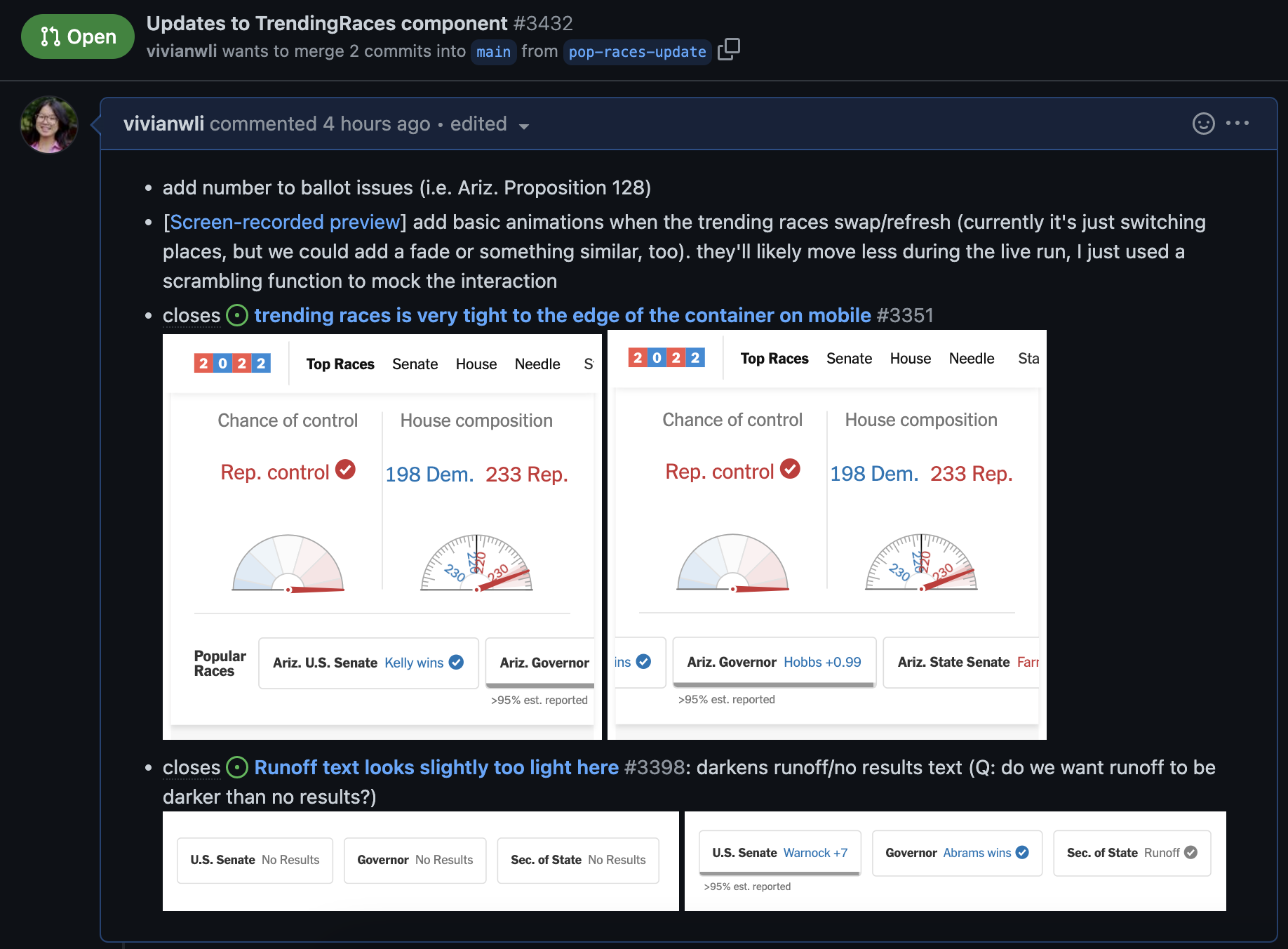 A PR that I made, implementing some design feedback and including the No Results and Runoff designs.